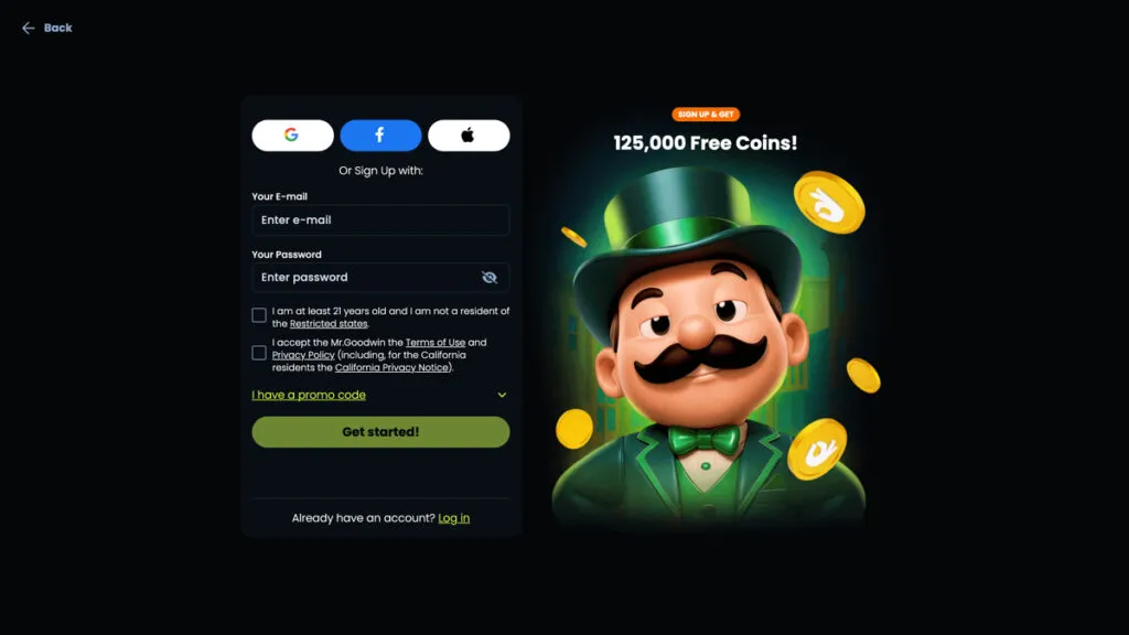 Mr. Goodwin Casino registration screen with email, Google, Facebook, and Apple ID sign-up options