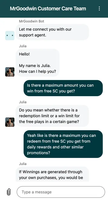 Mr. Goodwin Casino live chat showing conversation with customer support agent