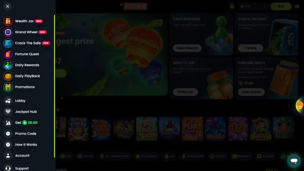 Mr. Goodwin Casino desktop website showing sidebar navigation menu on left side