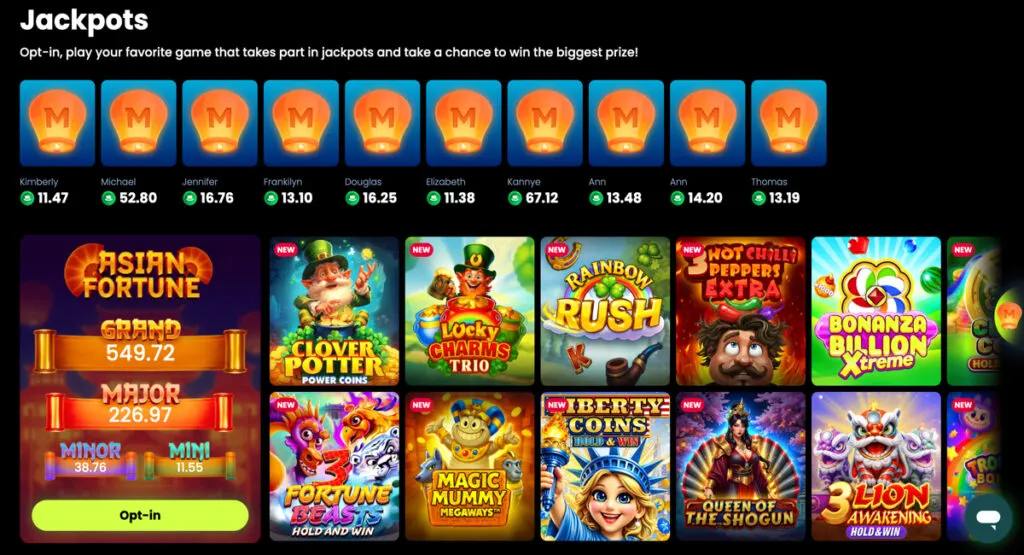 Mr. Goodwin Casino jackpot section with four-tier prize pool and recent winners shown
