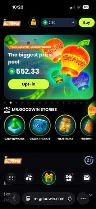 Mr. Goodwin Casino mobile website showing lobby and bottom navigation tabs