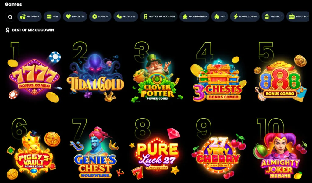 Best of Mr. Goodwin slots section showing top 10 recommended games