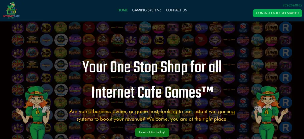 Website homepage for Internet Cafe Games, the software provider behind Golden Dragon Casino