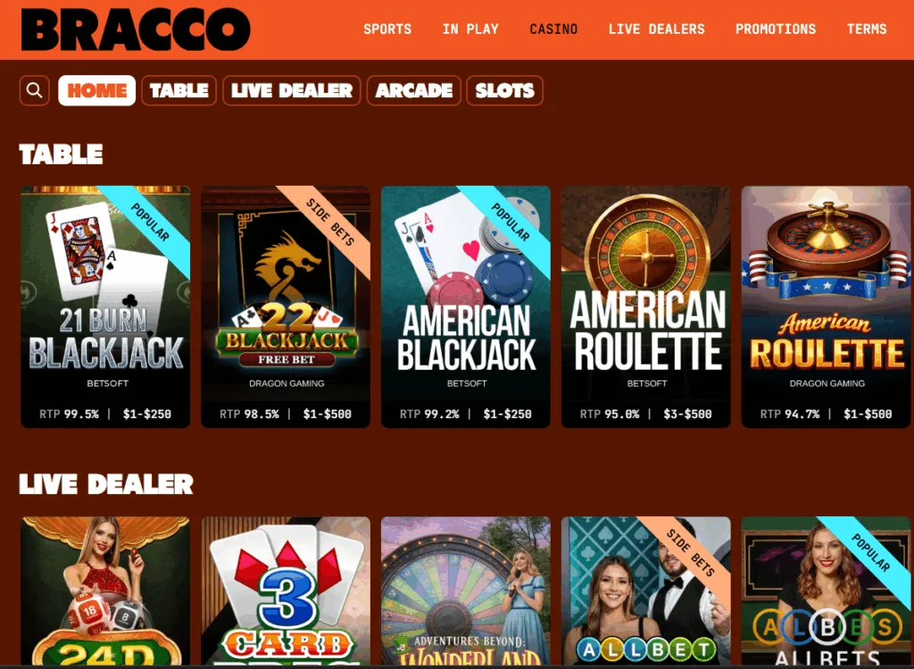 PlayBracco Casino Table Games and Live Dealer Games