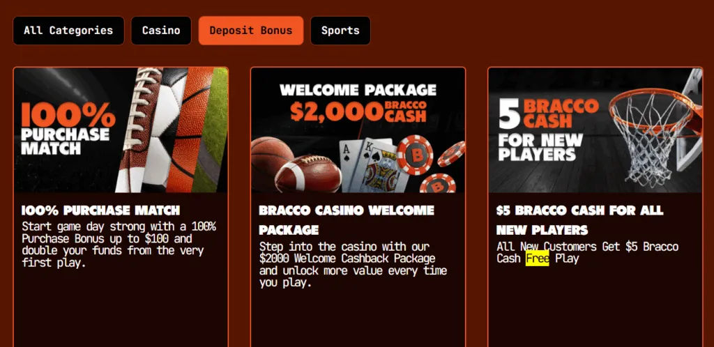 PlayBracco Casino and Sportsbook New Customer Bonus