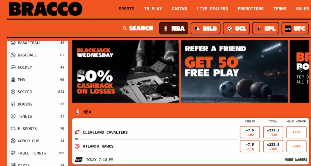 PlayBracco Sportsbook Screenshot and Odds Examples