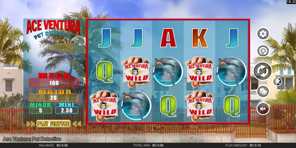 Ace Ventura Pet Detective slot game in action at a Maine social casino, showing colorful reels and character symbols