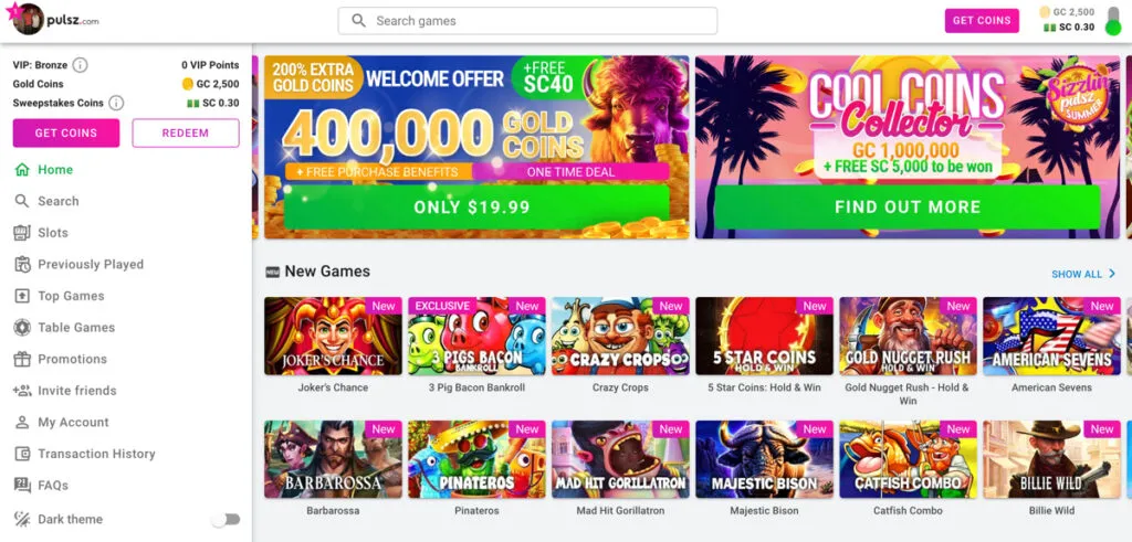 Pulsz Casino lobby with new games and active promotions for Vermont players