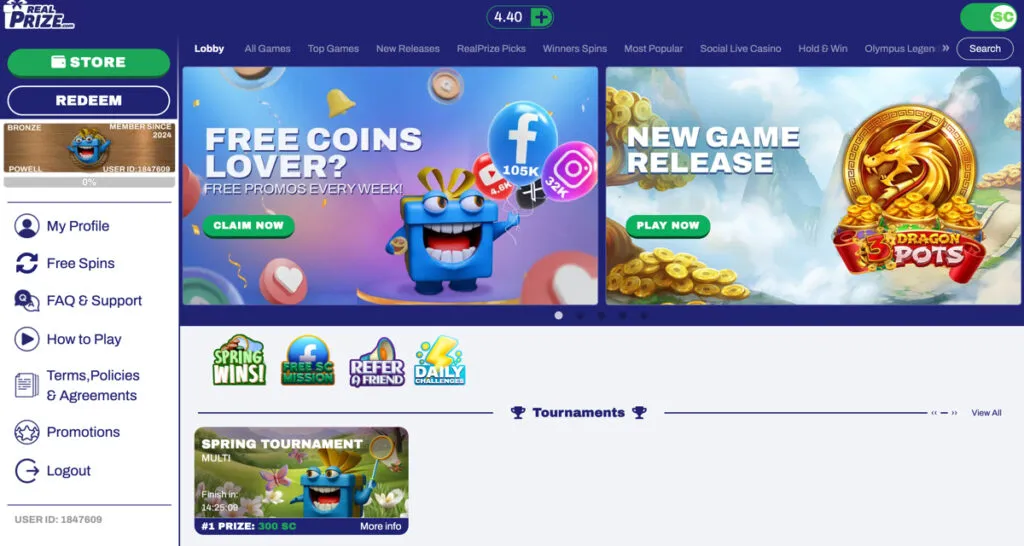 RealPrize Casino lobby shown as one of LoneStar Casino’s sister sites