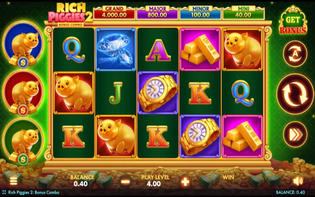 Screenshot of a player playing the Rich Piggies 2 Bonus Combo Slot at Funrize Casino, ranked as the fourth best slot on the site.
