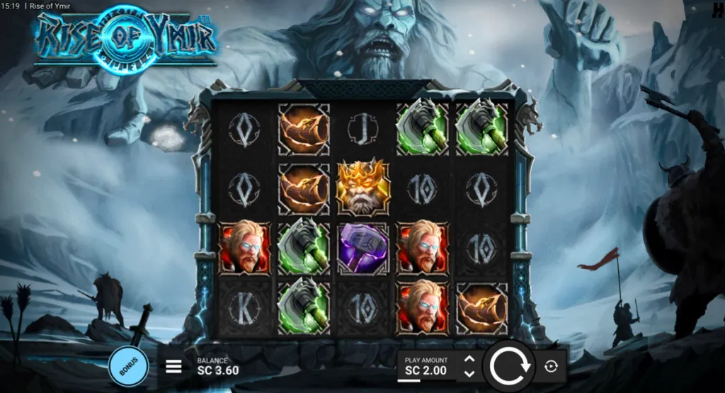 Rise of Ymir slot game being played at a South Carolina online casino, featuring Norse-themed reels and symbols