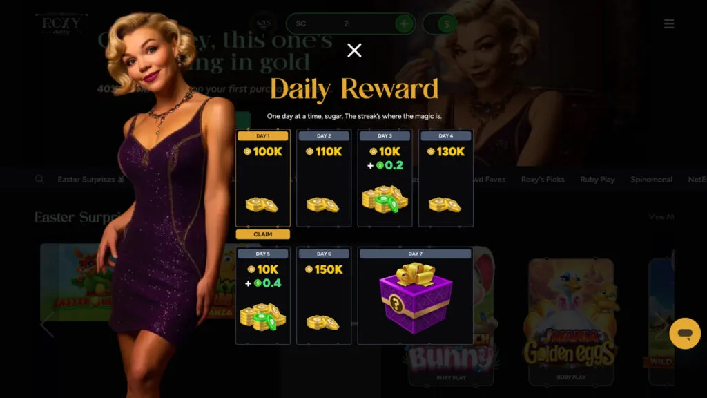 Roxy Moxy Casino daily login rewards showing the 7-day bonus streak