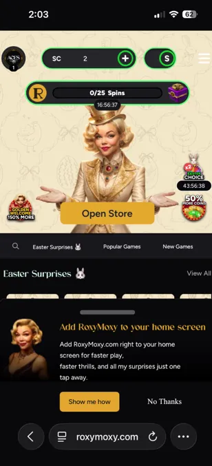 Roxy Moxy Casino mobile website showing pop-up to add the site to the home screen