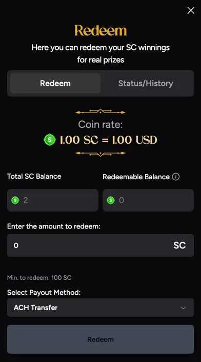 Roxy Moxy Casino redemption screen with ACH bank transfer and prepaid card options