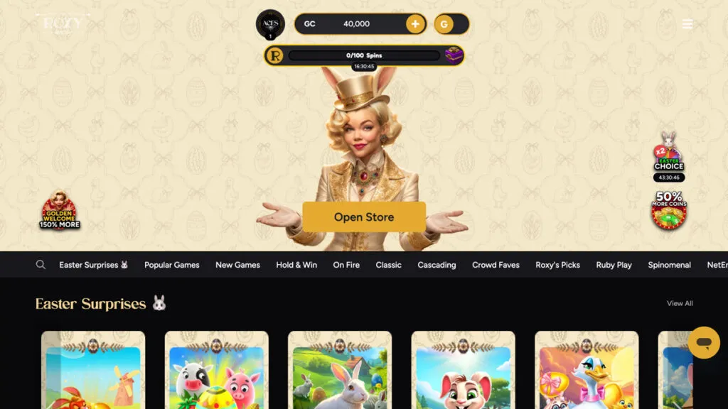 Roxy Moxy Casino desktop website showing the main lobby