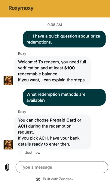 Roxy Moxy Casino live chat showing conversation with AI assistant Roxy