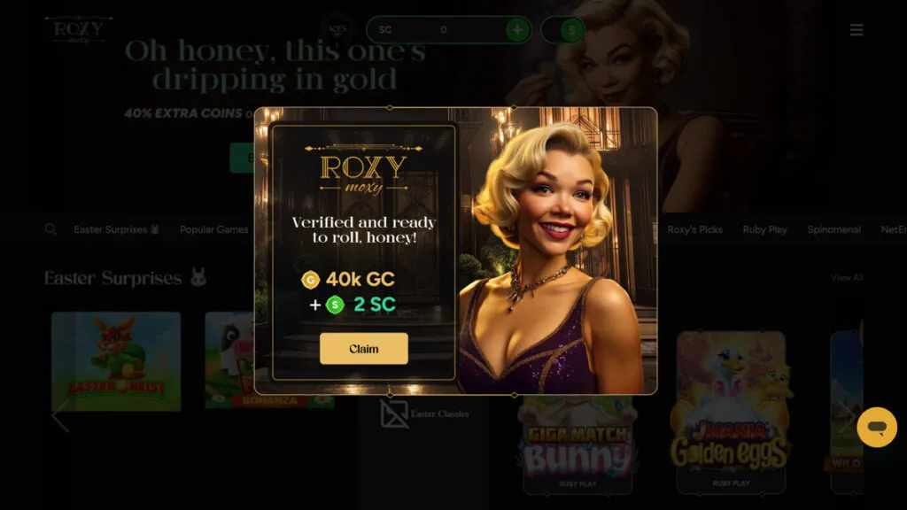 Roxy Moxy Casino no-deposit bonus showing 40,000 Gold Coins and 2 Sweeps Coins awarded