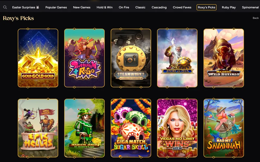 Roxy Moxy Casino “Roxy’s Picks” section showing featured slot games