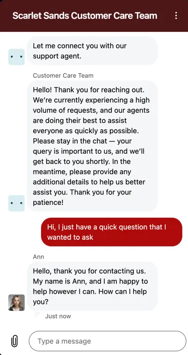 Live chat conversation between a Scarlet Sands customer support agent and a player