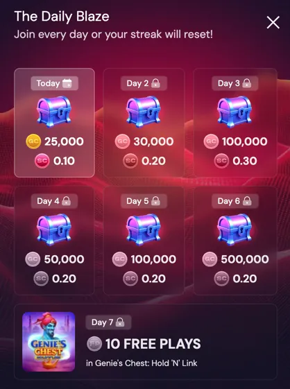 Daily Blaze rewards chart showing the 7-day login streak bonuses at Scarlet Sands