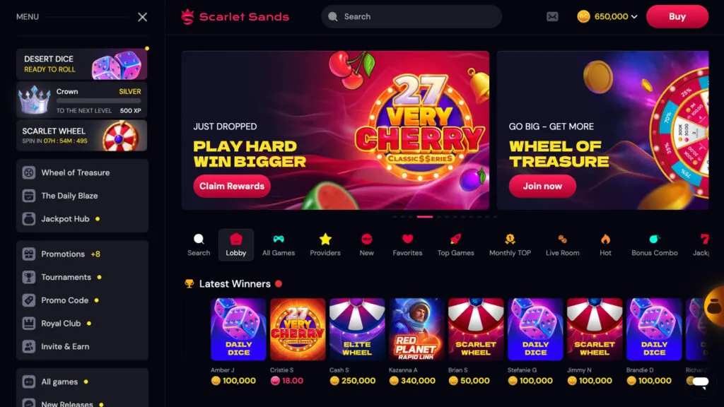 Desktop view of the Scarlet Sands Casino lobby on MacBook
