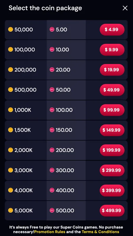 Gold Coin packages available for purchase at Scarlet Sands Casino