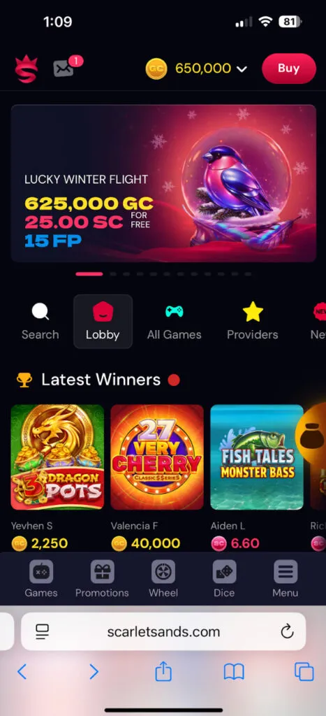 Scarlet Sands mobile website showing the main navigation tabs on iPhone