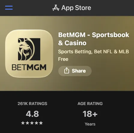 BetMGM app store review showing user rating of 4.8/5