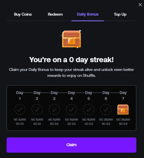 Shuffle.us daily login bonus showing rewards increasing through Day 7 streak