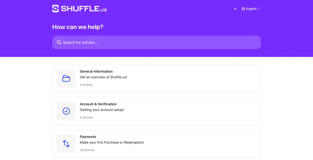 Shuffle.us Help Center showing support articles and FAQs