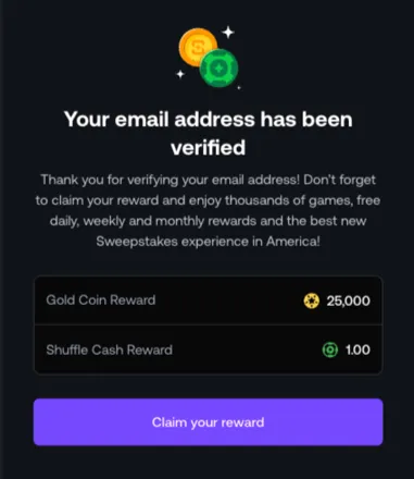 Shuffle.us welcome bonus showing 25,000 Gold Coins and 1 Sweeps Coin added after email verification