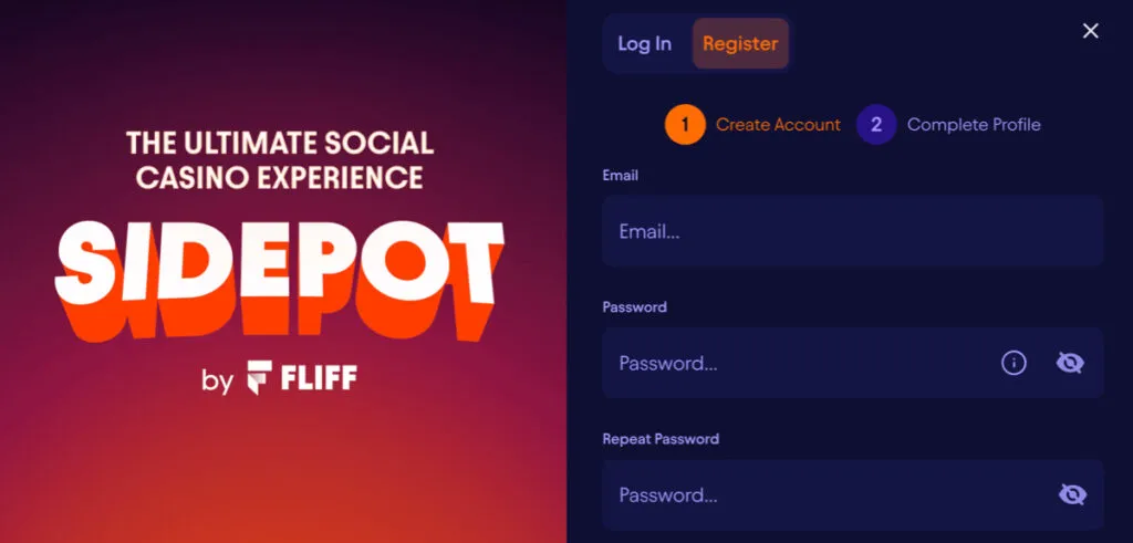 Sidepot Casino registration page for new players in South Dakota