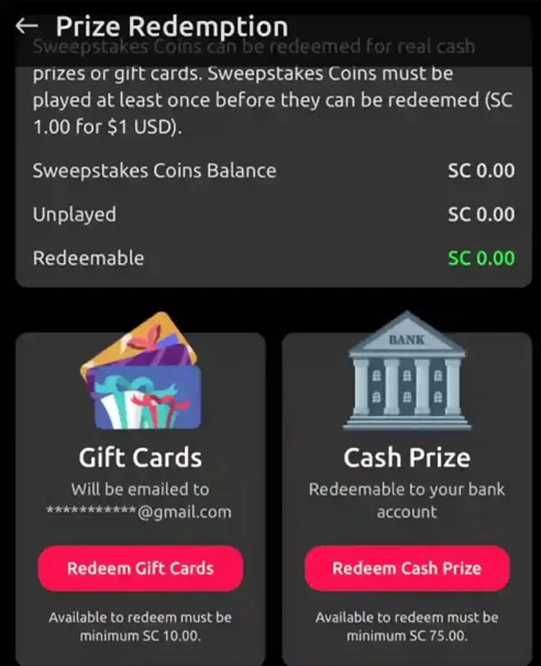 Example of minimum redemption amounts at a social casino