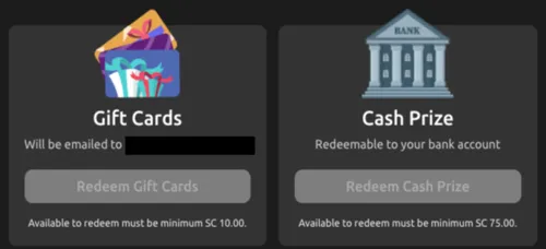 Prize redemption screen showing gift card and cash payout options