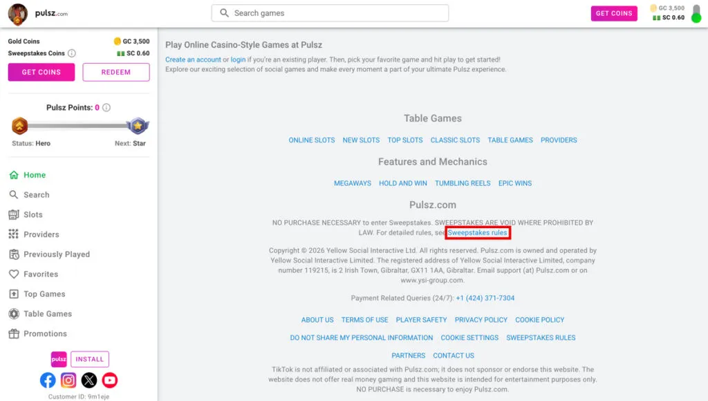 Example of sweepstakes rules section on the Pulsz social casino website