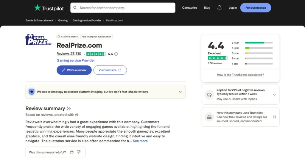 Example of RealPrize social casino reviews and ratings on Trustpilot