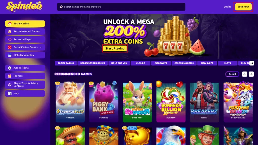 Spindoo website homepage showing sign-up and registration buttons for new players