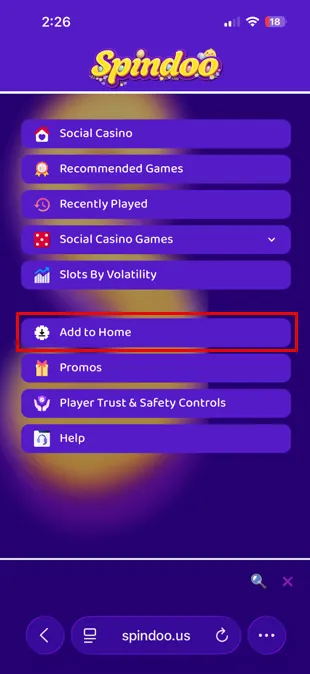 Spindoo Add to Home button showing how to save the site to a phone home screen