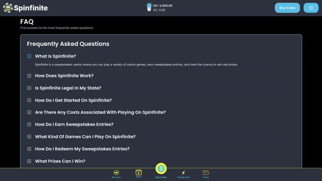 Spinfinite FAQ section showing common questions about the sweepstakes casino and how it works