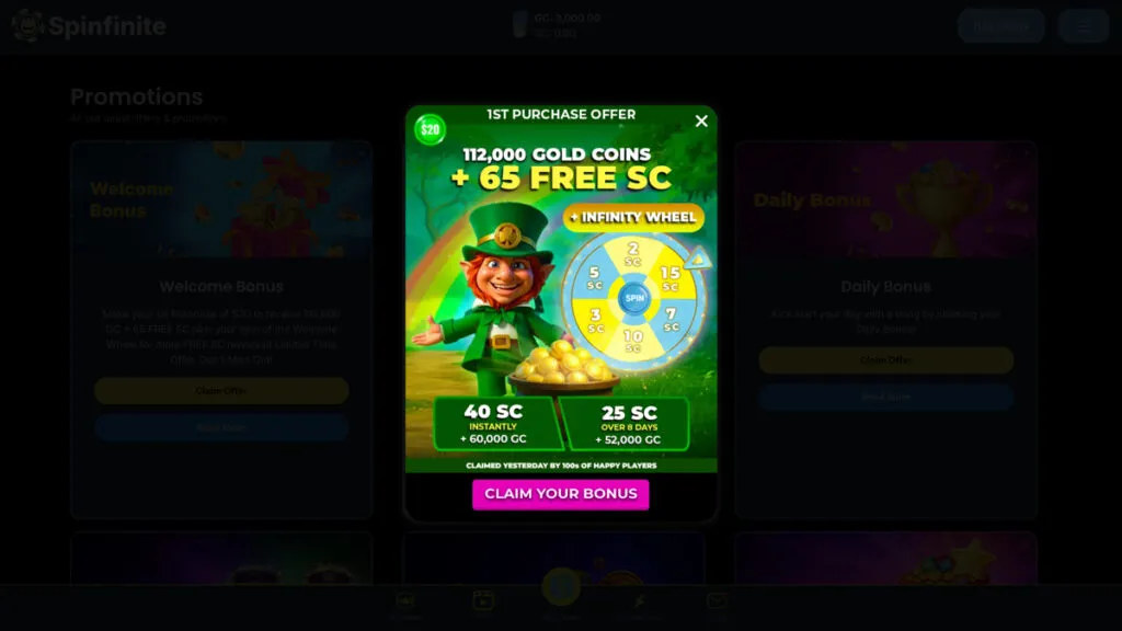 Spinfinite social casino first-purchase bonus for new players