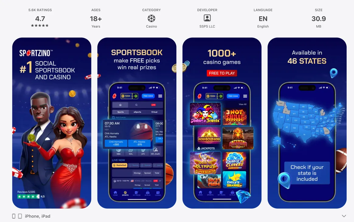Preview of the Sportzino mobile app for iPhone & iPad