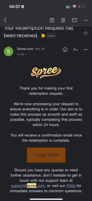 Spree Casino Redemption Confirmation Email