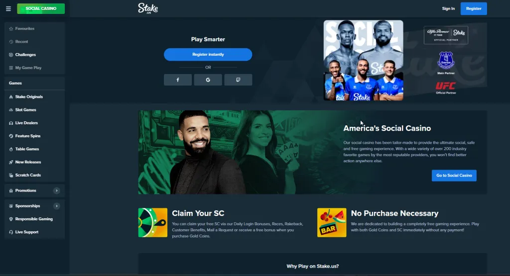 Stake.us Casino screen shot with Drake the brand embassador