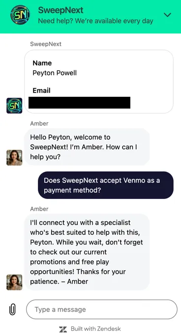 SweepNext live chat conversation with customer support