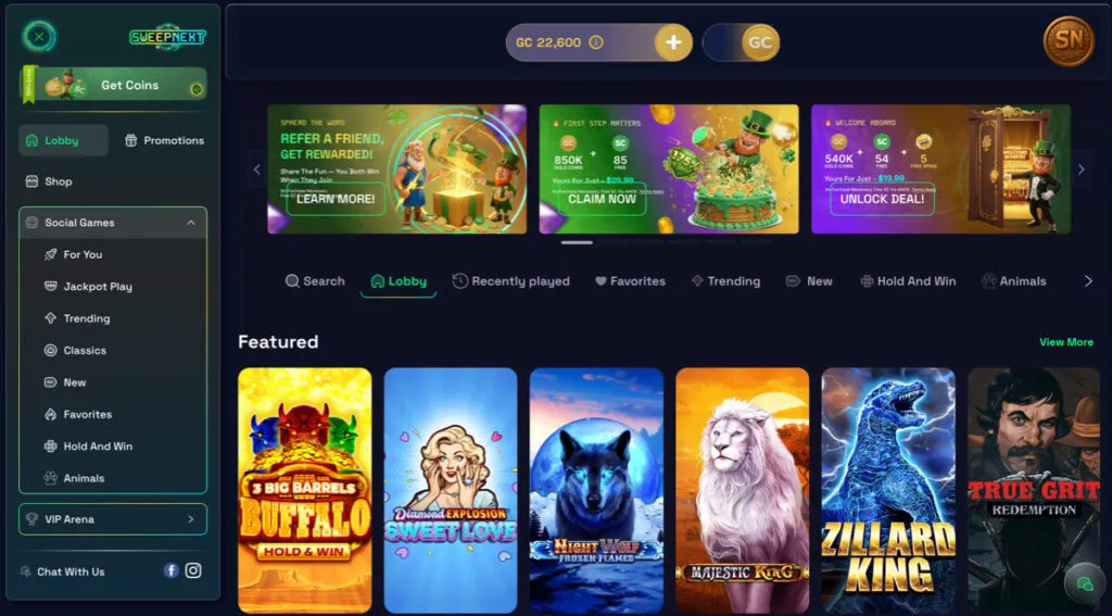 SweepNext desktop site showing promos and games in the "Lobby"