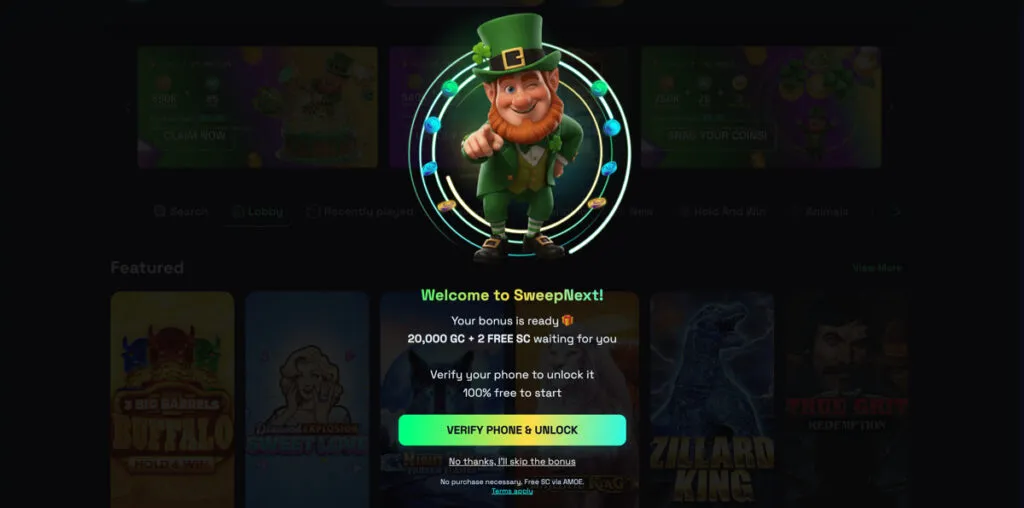 SweepNext no-deposit bonus awarded after creating an account and verifying phone number