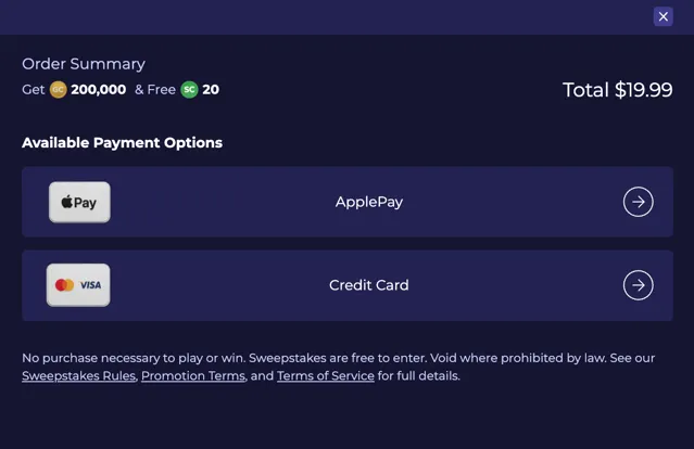 SweepNext payment methods showing Visa, Mastercard, and Apple Pay options