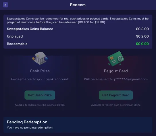 SweepNext prize redemption screen with available payout options