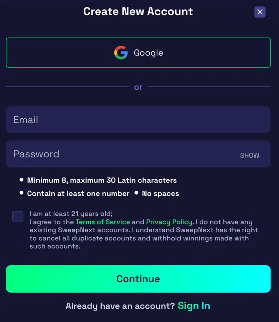 SweepNext registration form for creating a new account