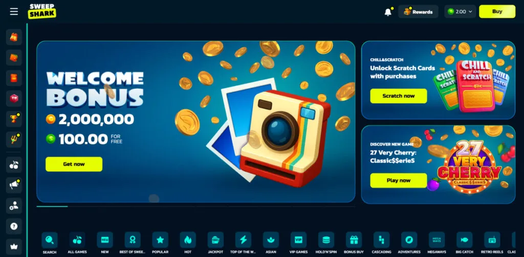 SweepShark desktop site showing the main menu and game categories